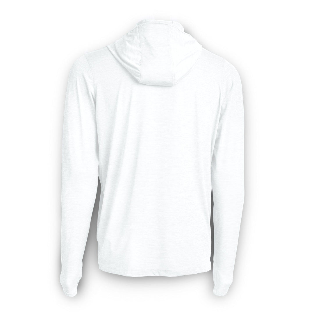 White Scalesgear hooded active performance long sleeve shirt, lightweight and comfortable for athletic wear.