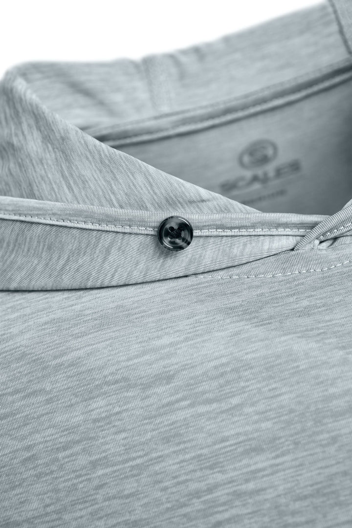 Grey heather hooded long sleeve active performance shirt by Scalesgear.com, designed for comfort and movement.
