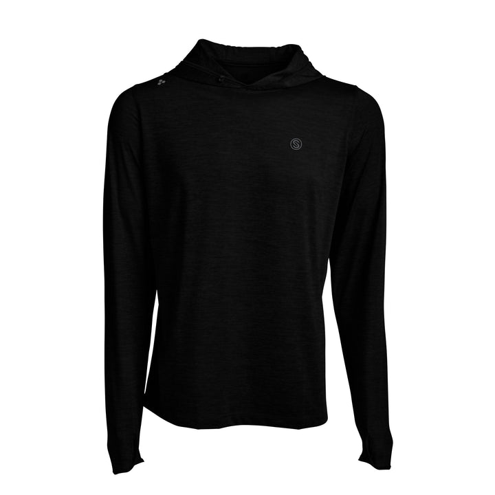 Black Heather hooded long sleeve active performance shirt by Scalesgear.com, featuring a fitted design and moisture-wicking fabric.