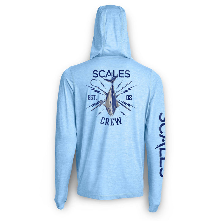 Blue gold hooded long sleeve active performance shirt by Scalesgear, featuring a comfortable fit and stylish design.