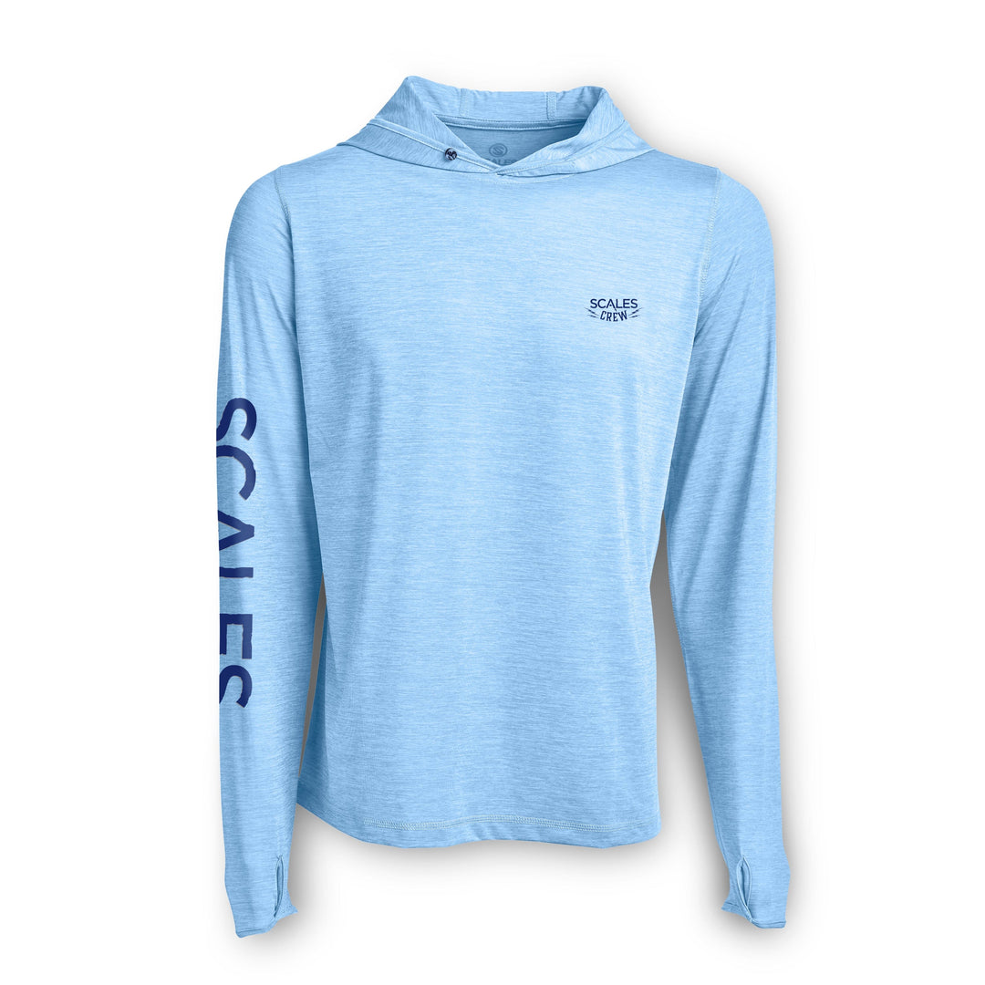 Blue gold hooded long sleeve active performance top by Scalesgear.com, shown with a fitted hood and sleek design.