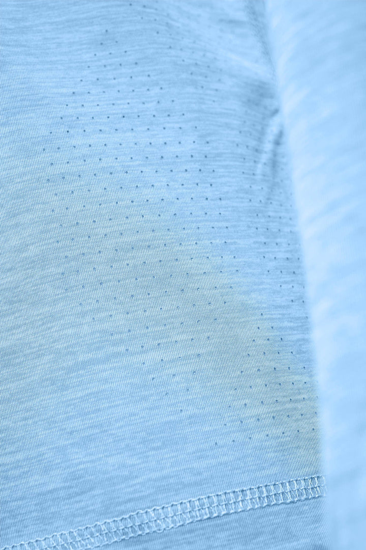 Blue powder blue hooded long sleeve active performance shirt by Scalesgear, featuring a comfortable fit and athletic design.