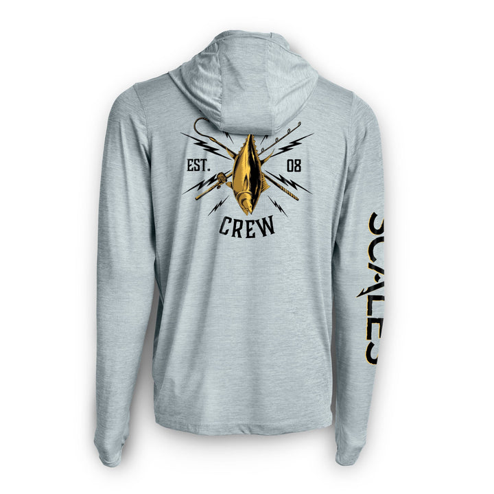 Grey Heather hooded long sleeve active performance shirt by Scalesgear, featuring a blue and gold design.