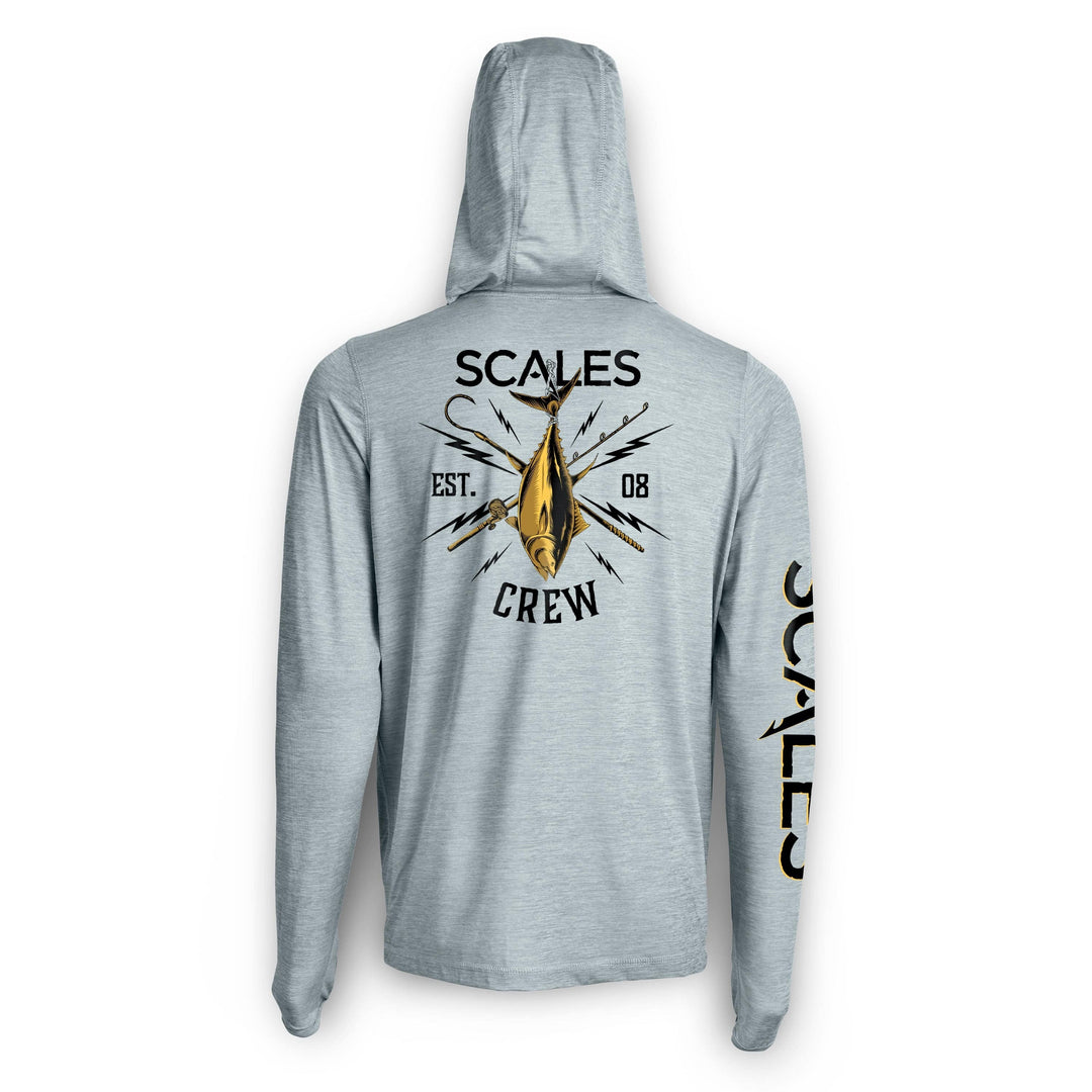 Blue and gold hooded active performance long sleeve shirt by Scalesgear, featuring a comfortable fit and stylish design.