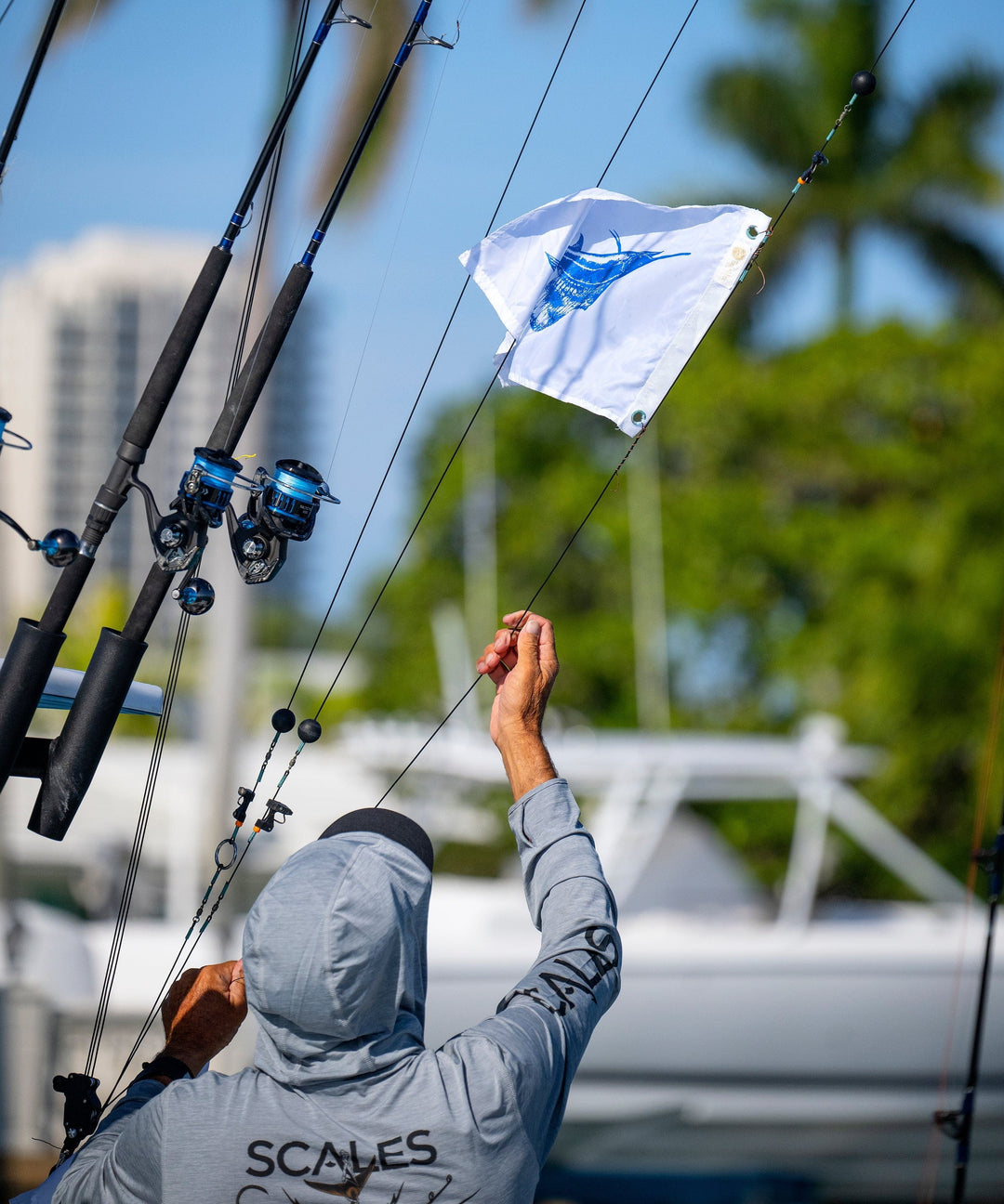 Blue gold hooded long sleeve active performance shirt by Scalesgear.com, featuring a sleek design and comfortable fit.
