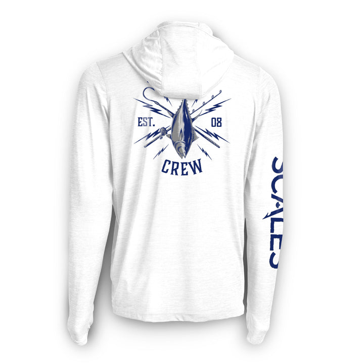 Blue gold hooded active performance long sleeve shirt from Scalesgear, featuring a comfortable fit and stylish design.