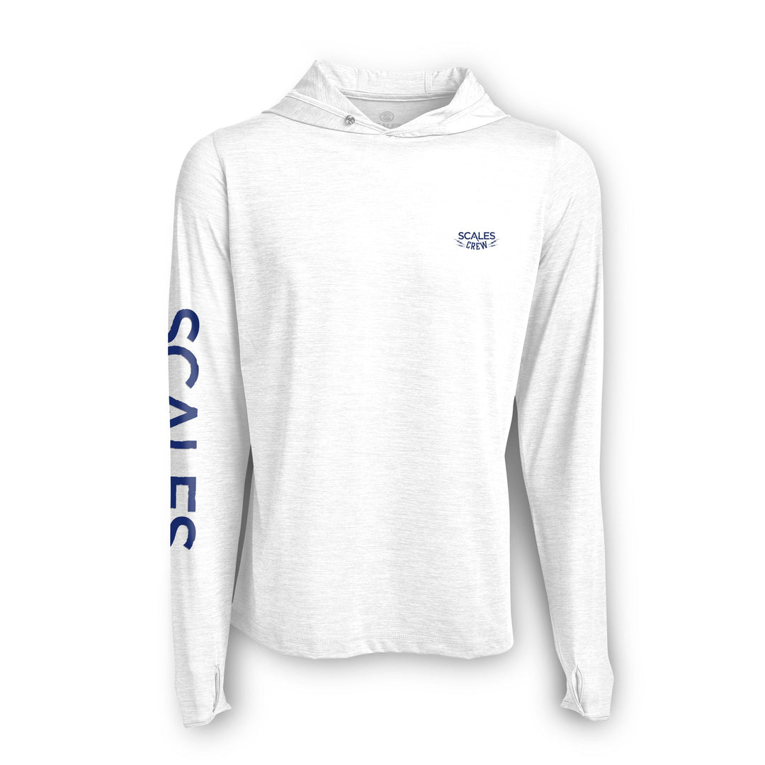 Blue gold hooded active performance long sleeve shirt from Scalesgear.com, featuring a sleek design and comfortable fit.