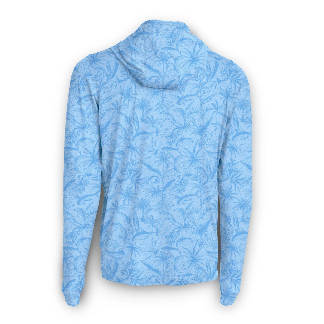 Powder blue Heather hooded long sleeve active performance shirt by Scalesgear.com, featuring lightweight, breathable fabric for active wear.