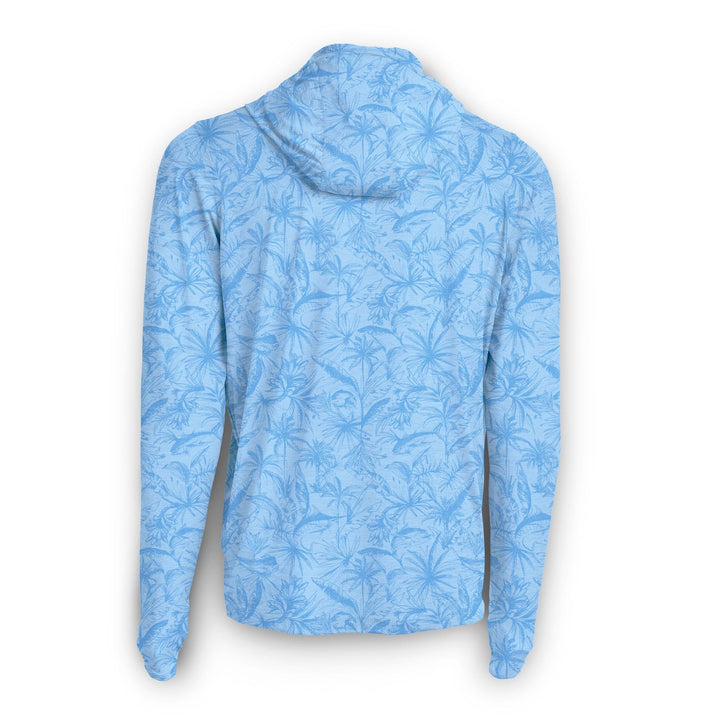 Powder blue Heather hooded long sleeve active performance shirt by Scalesgear.com, featuring lightweight, breathable fabric for active wear.