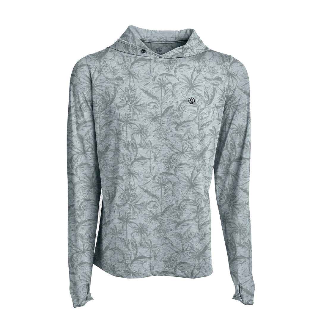 Grey Heather loose fit hooded long sleeve active performance shirt by Scalesgear.com, shown laid flat with a soft fabric texture.