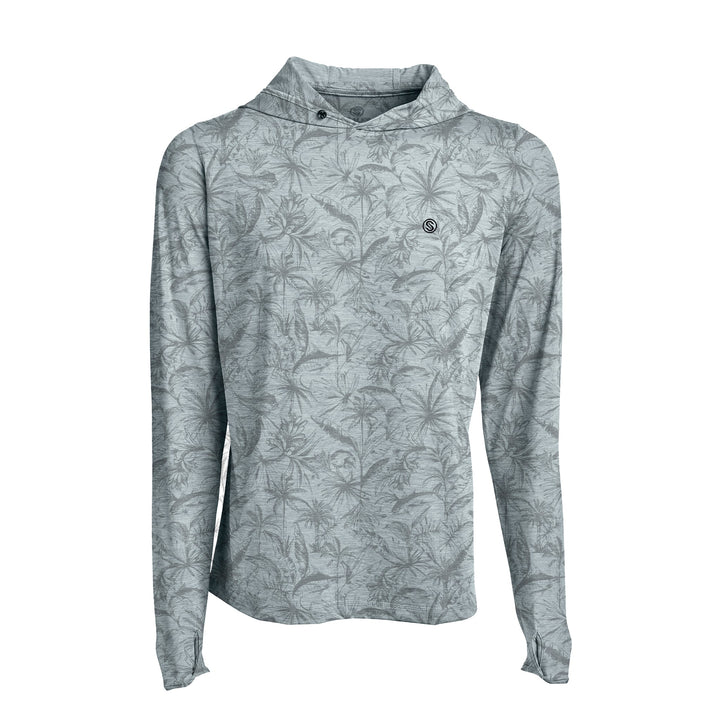 Grey Heather loose fit hooded long sleeve active performance shirt by Scalesgear.com, shown laid flat with a soft fabric texture.