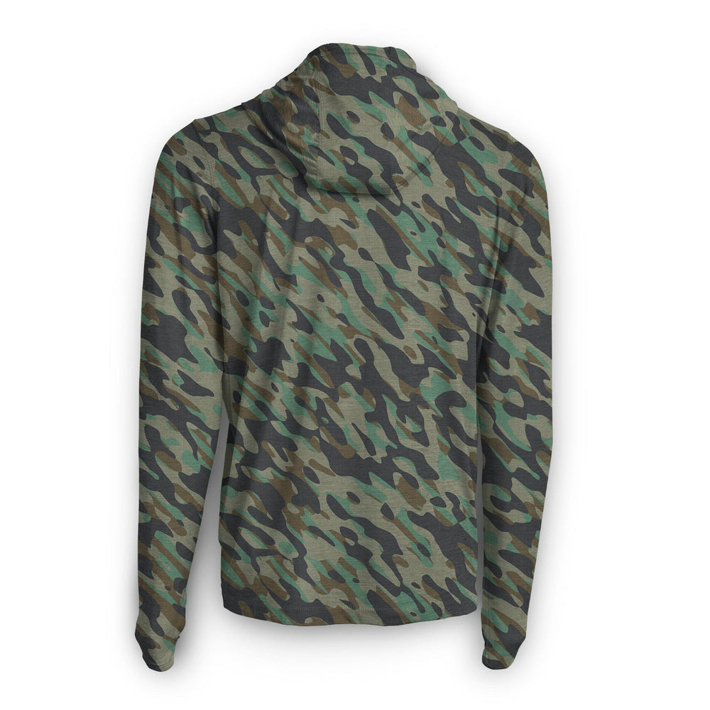 Tan camo hooded long sleeve shirt from Scalesgear's True Camo Hooded Active Performance collection, designed for outdoor activity.
