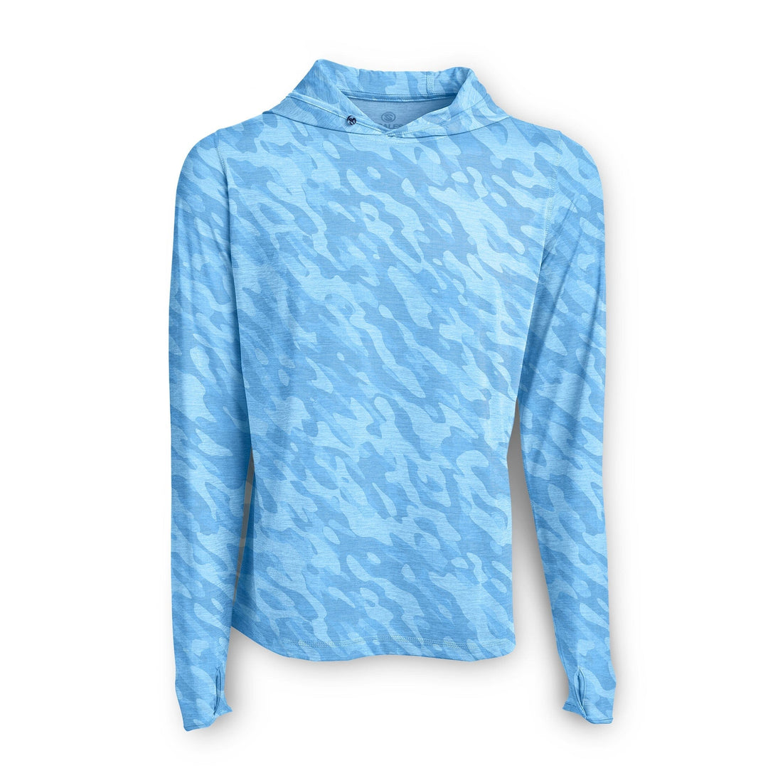 Blue camouflage hooded long sleeve active performance shirt by Scalesgear.com, designed for outdoor and athletic wear.