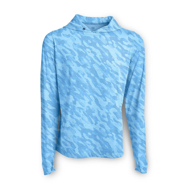 Blue camouflage hooded long sleeve active performance shirt by Scalesgear.com, designed for outdoor and athletic wear.