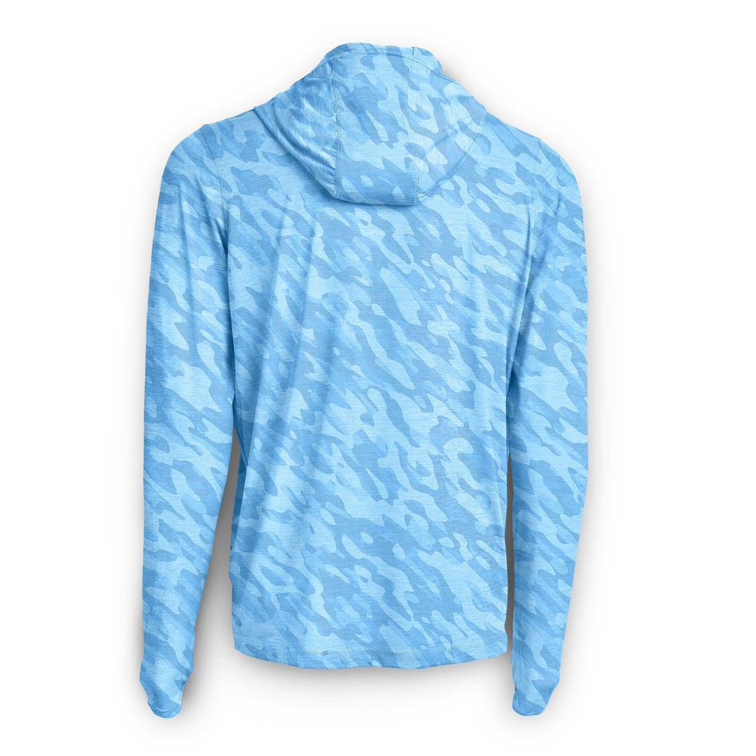 Blue camo hooded long sleeve shirt from Scalesgear's True Camo Active Performance collection, designed for active wear.
