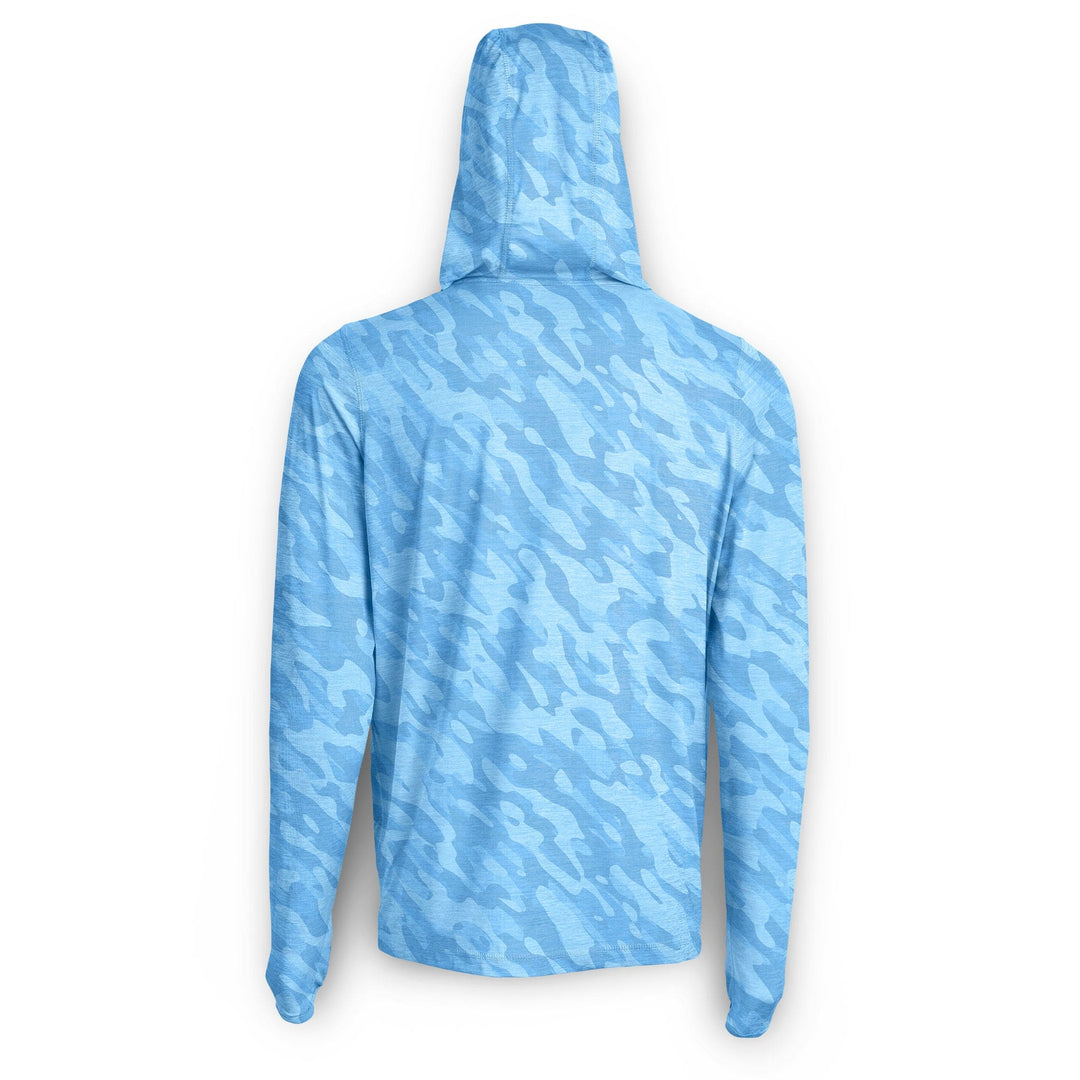 Blue camo hooded long sleeve active performance shirt by Scalesgear, designed for athletic and outdoor activities.