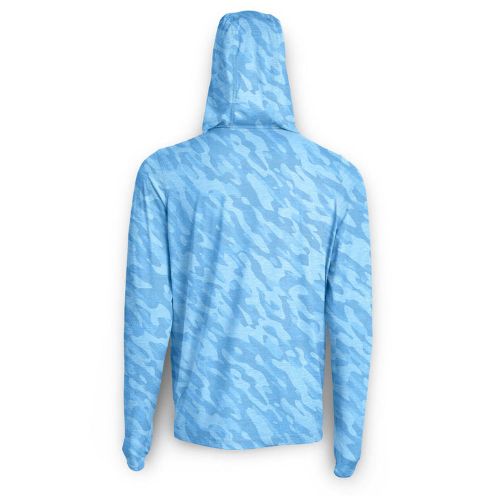 Blue camo hooded long sleeve active performance shirt by Scalesgear, designed for athletic and outdoor activities.