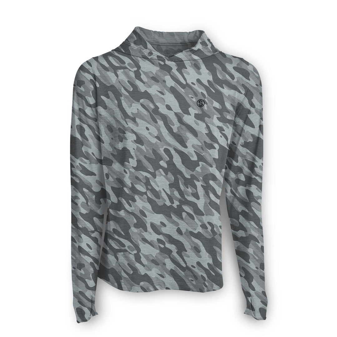 Grey camouflage hooded long sleeve active performance shirt by Scalesgear.com, designed for outdoor and athletic wear.