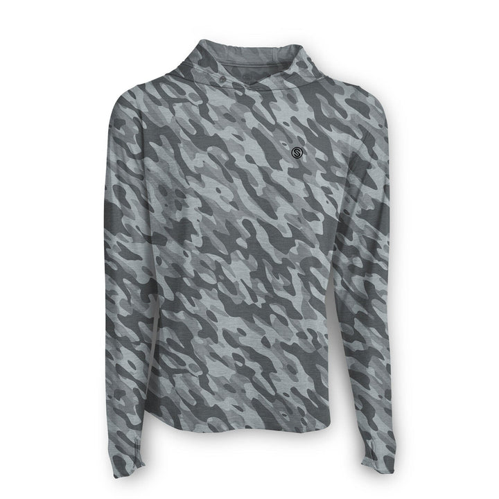 Grey camouflage hooded long sleeve active performance shirt by Scalesgear.com, designed for outdoor and athletic wear.