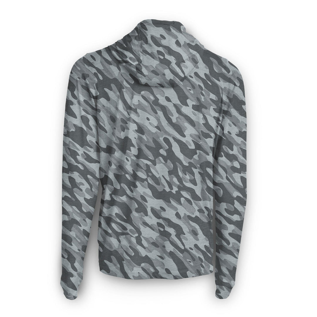 Gray camouflage hooded long sleeve active performance shirt by Scalesgear.com, designed for outdoor and athletic wear.