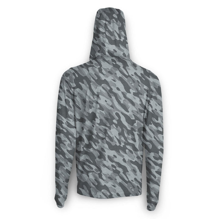 Gray camo hooded long sleeve active performance shirt by Scalesgear.com featuring a comfortable fit and durable fabric.