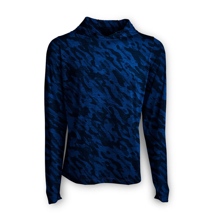 Navy camo hooded long sleeve active performance shirt by Scalesgear.com featuring a comfortable, athletic fit and functional design.