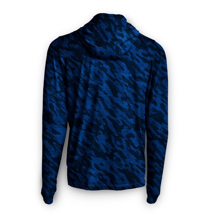 Navy camouflage hooded long sleeve active performance shirt by Scalesgear.com, designed for outdoor and athletic wear.