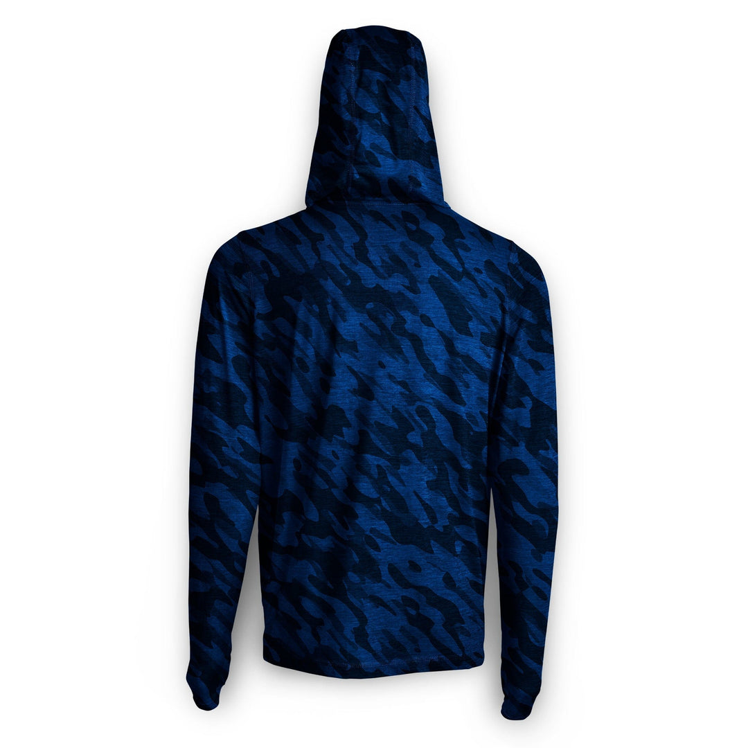 Navy camo hooded long sleeve active performance shirt by Scalesgear.com, designed for outdoor athletic wear.
