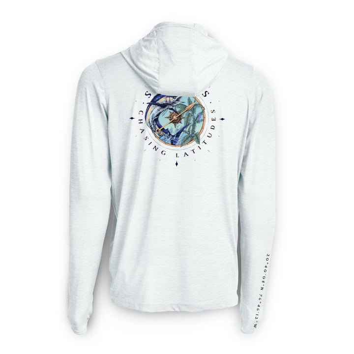 White Scalesgear active performance hooded long sleeve shirt featuring a Chasing Latitudes design, made for active wear.