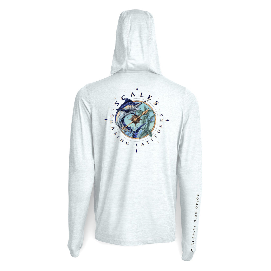 White Scalesgear Chasing Latitudes hooded long sleeve active performance shirt with a hood and long sleeves for athletic wear.
