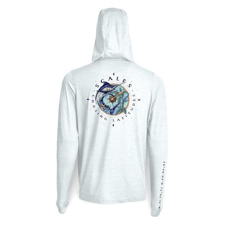 White Scalesgear Chasing Latitudes hooded long sleeve active performance shirt with a hood and long sleeves for athletic wear.