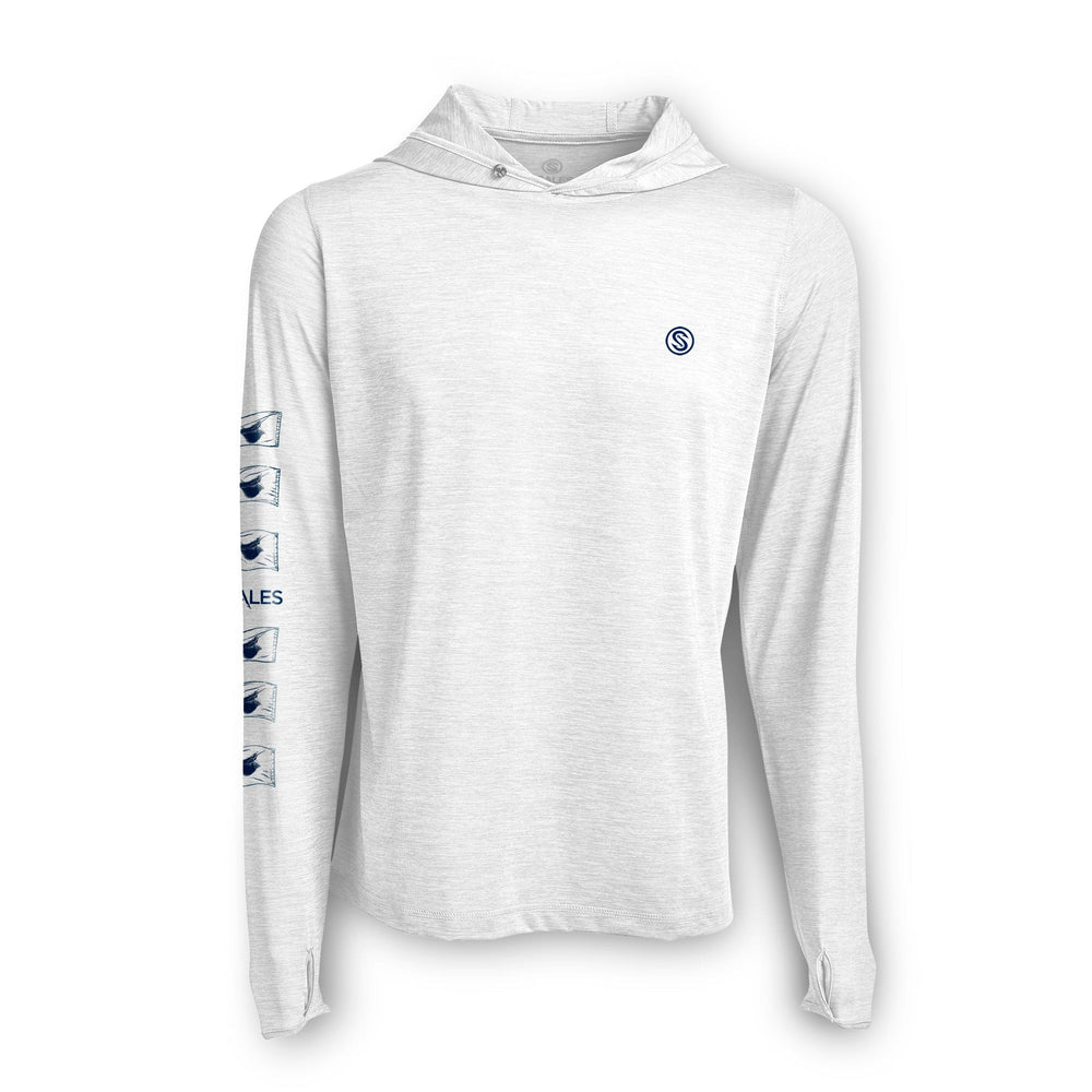 White hooded long sleeve active performance shirt with Popping Sails design by Scalesgear.com, suitable for sports and active wear.