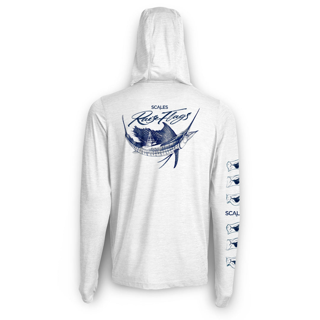 White Scalesgear active performance hooded long sleeve shirt with popping sails design, ideal for active and athletic wear.