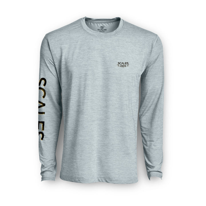 Blue gold long sleeve active performance shirt by Scalesgear.com, featuring a grey heather design and athletic fit.