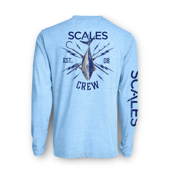 Blue long sleeve active performance shirt by Scalesgear.com featuring a powder blue color and athletic fit.