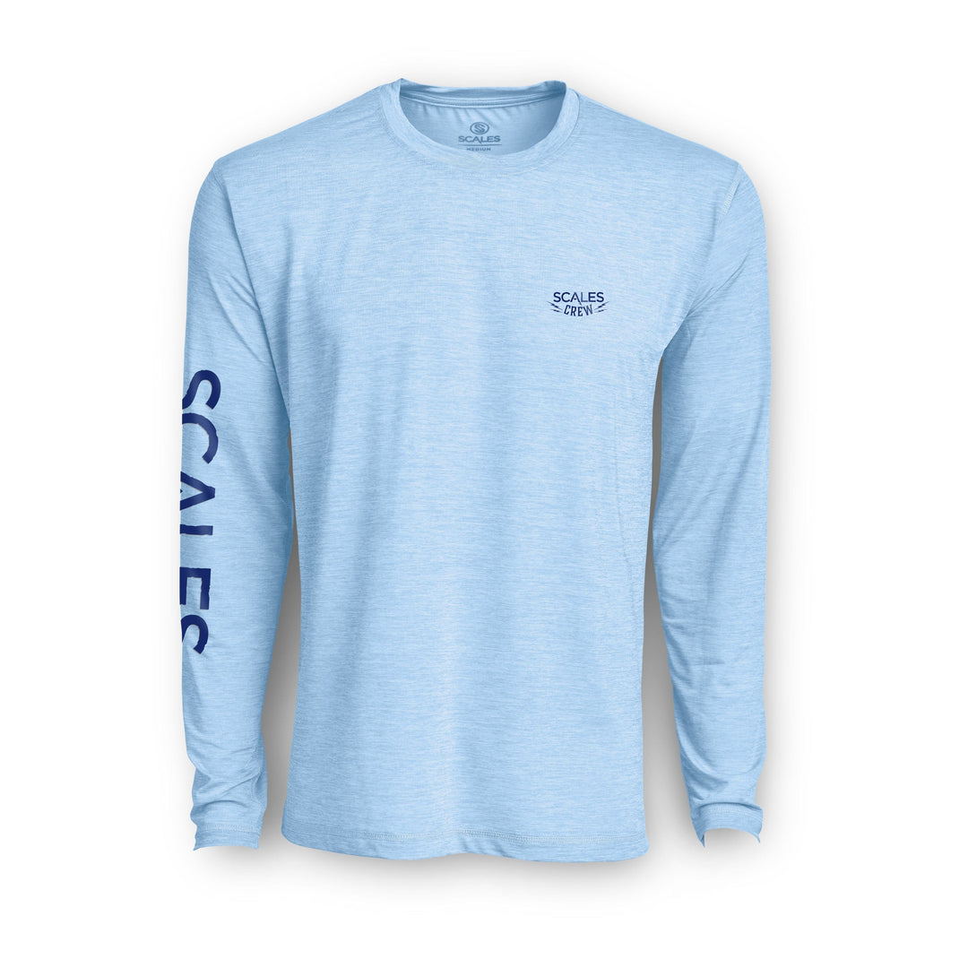 Blue long-sleeve active performance shirt by Scalesgear.com featuring a powder blue color and sleek athletic design.