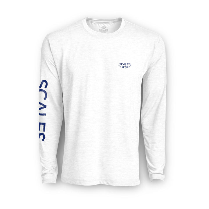 Blue long sleeve active performance shirt by Scalesgear.com with gold accents, designed for athletic and active wear.