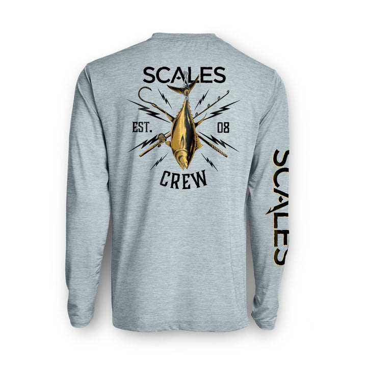 Blue and gold long sleeve active performance shirt by Scalesgear.com featuring a heather grey and blue design.