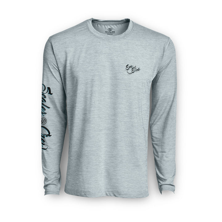 Grey Heather Sea Sick L/S Active Performance long sleeve shirt by Scalesgear.com, designed for active wear and comfort.