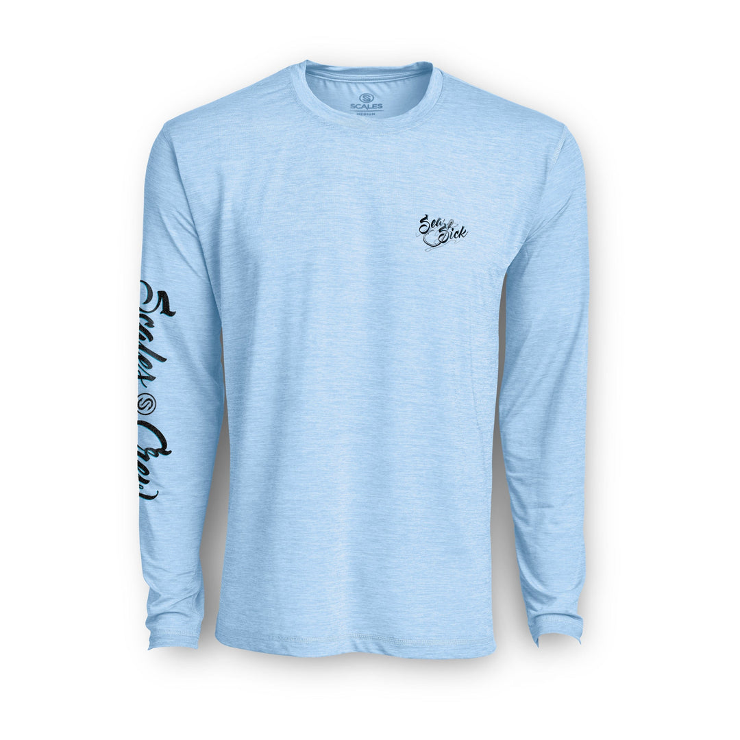 Gray heather Sea Sick long sleeve active performance shirt by Scalesgear.com, designed for comfort and mobility during active wear.