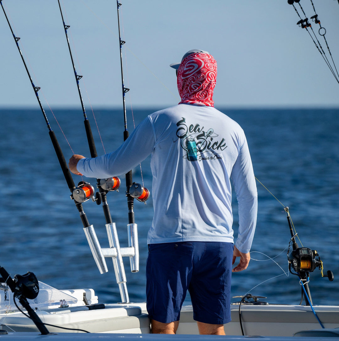 Grey heather Sea Sick Long Sleeve Active Performance shirt by Scalesgear.com, designed for comfort and athletic activity.