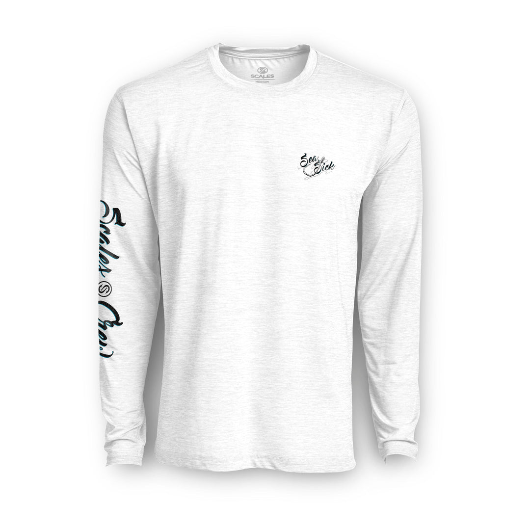Gray heather Sea Sick Long Sleeve by Scalesgear.com, active performance shirt with comfortable fit and moisture-wicking fabric.