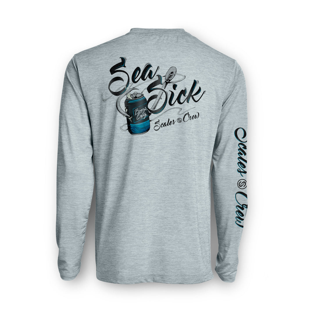 Grey heather Sea Sick long sleeve active performance shirt by Scalesgear.com, designed for comfort and athletic wear.
