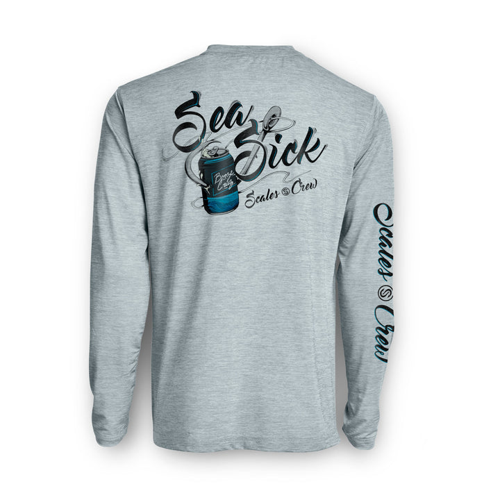 Grey heather Sea Sick long sleeve active performance shirt by Scalesgear.com, designed for comfort and athletic wear.