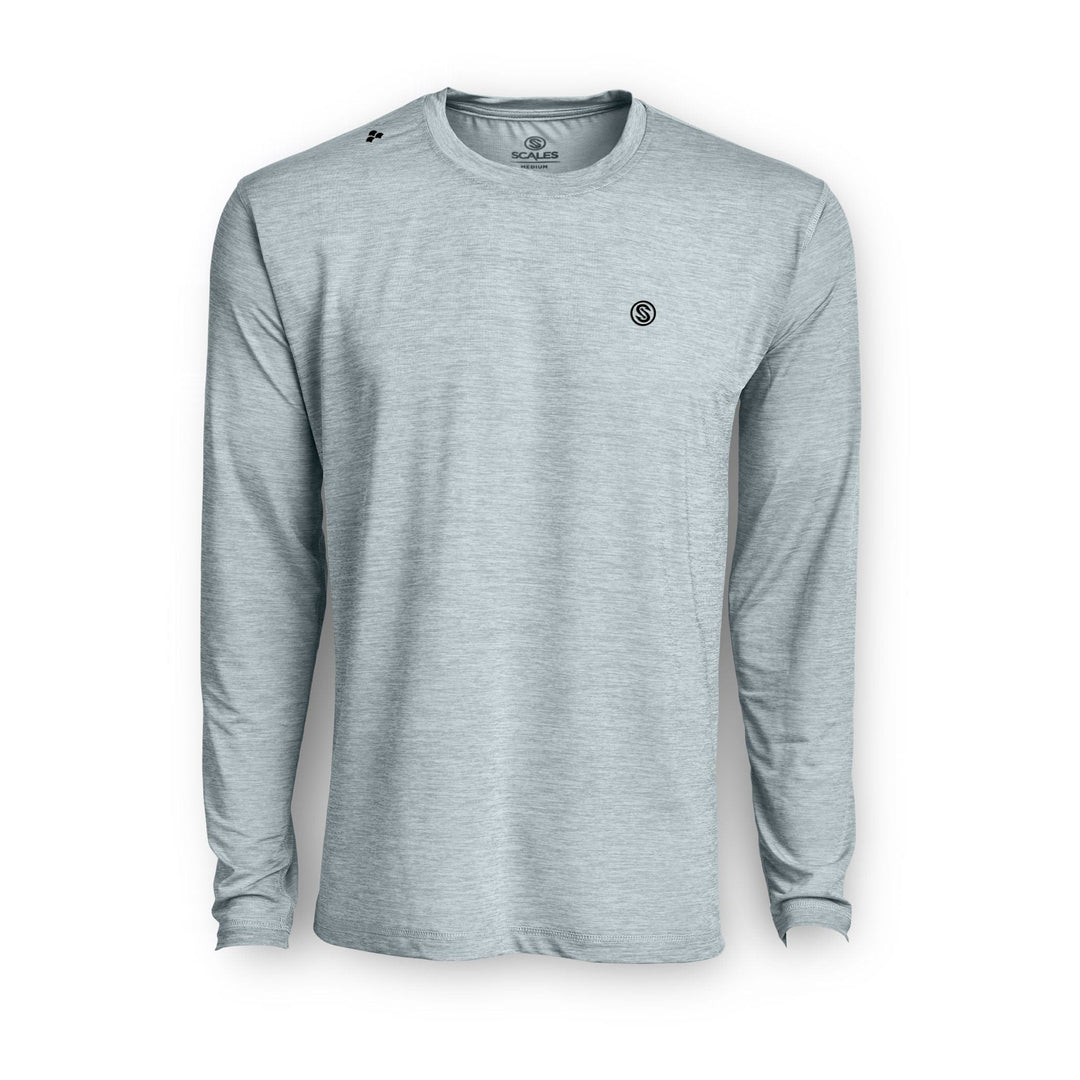 Grey Heather long sleeve active performance shirt by Scalesgear.com, featuring a fitted design and breathable fabric.