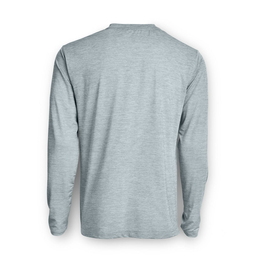 Grey heather long sleeve active performance shirt by Scalesgear.com, featuring a comfortable fit and breathable fabric.