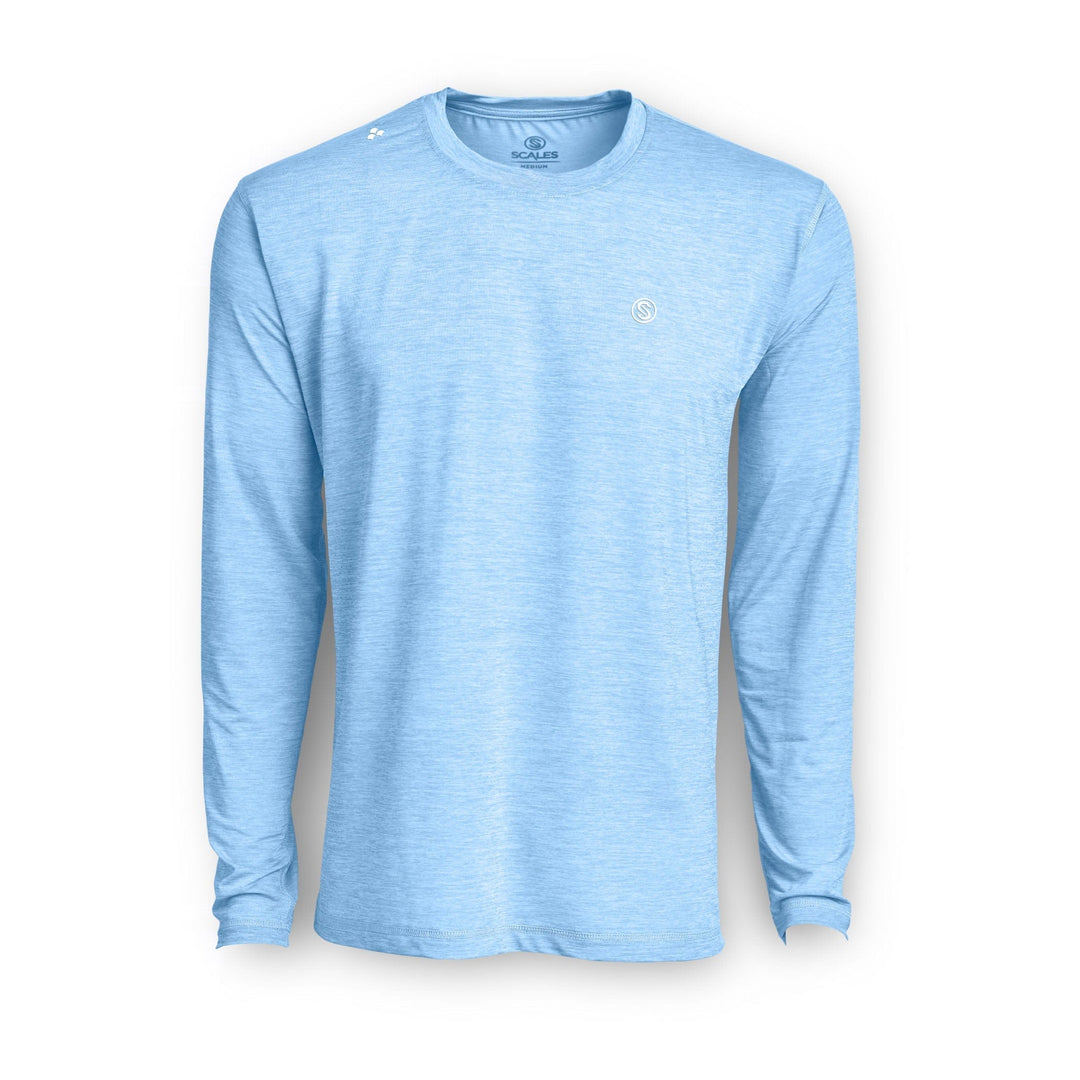 Powder blue long sleeve active performance shirt by Scalesgear.com, featuring a sleek design and comfortable fit for workouts.