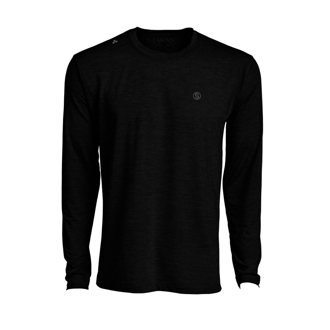 Black heather long sleeve active performance shirt by Scalesgear.com, featuring a comfortable fit and breathable fabric.