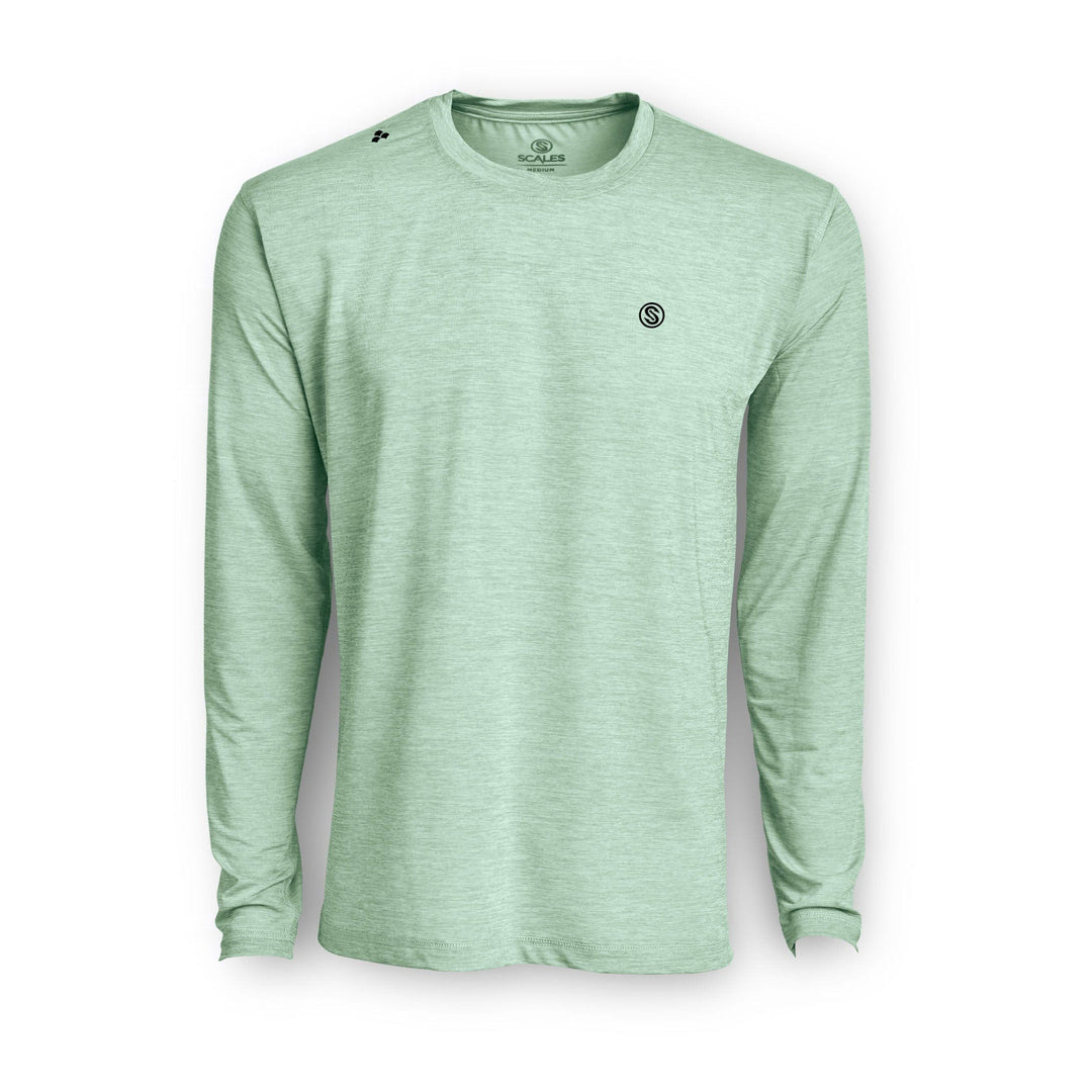 Long sleeve active performance shirt in mangrove heather by Scalesgear.com, featuring a comfortable, athletic fit and moisture-wicking fabric.