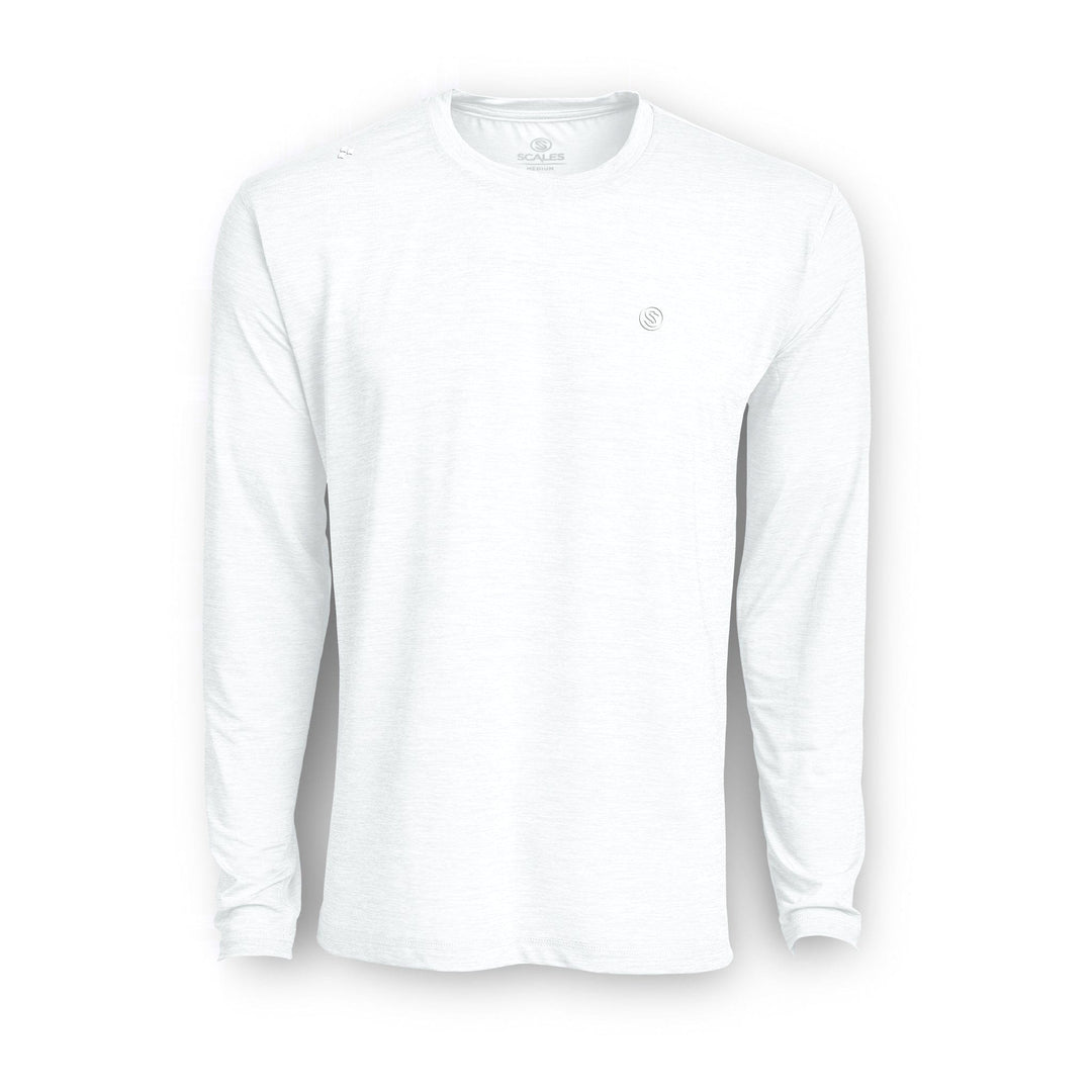 White long sleeve active performance shirt from Scalesgear.com, featuring a sleek, lightweight design ideal for workouts and active wear.